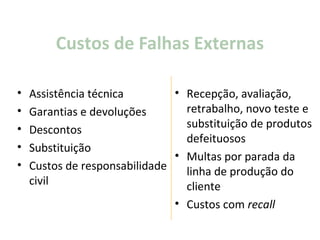 Custos de Falhas Externas

•   Assistência técnica        • Recepção, avaliação,
•   Garantias e devoluções       retrabalho, novo teste e
•   Descontos                    substituição de produtos
                                 defeituosos
•   Substituição
                               • Multas por parada da
•   Custos de responsabilidade   linha de produção do
    civil                        cliente
                               • Custos com recall
 