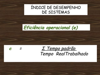 ÍNDICE DE DESEMPENHO
               DE SISTEMAS



        Eficiência operacional (e)



e   =           Σ Tempo padrão
               Tempo RealTrabalhado
 
