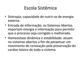 Escola Sistêmica
• Sintropia: capacidade de nutrir-se de energia
  externa.
• Entrada de informação: os Sistemas Abertos
  importam energia e informação para permitir
  que o processo seja corrigido e melhorado.
• Homeostase dinâmica e estabilidade: atuam
  no sistemas abertos a fim de perpetuar um
  movimento de renovação pela preservação do
  caráter básico de todo o sistema.
 