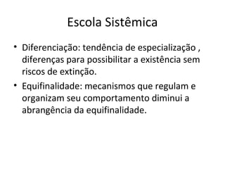 Escola Sistêmica
• Diferenciação: tendência de especialização ,
  diferenças para possibilitar a existência sem
  riscos de extinção.
• Equifinalidade: mecanismos que regulam e
  organizam seu comportamento diminui a
  abrangência da equifinalidade.
 