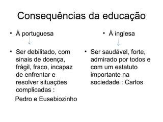 Consequências da educação
• À portuguesa                   • À inglesa

• Ser debilitado, com      • Ser saudável, forte,
  sinais de doença,          admirado por todos e
  frágil, fraco, incapaz     com um estatuto
  de enfrentar e             importante na
  resolver situações         sociedade : Carlos
  complicadas :
  Pedro e Eusebiozinho
 
