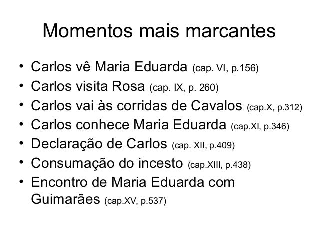 Momentos mais marcantes• Carlos vê Maria Eduarda (cap. VI, p.156)• Carlos visita Rosa (cap. IX, p. 260)• Carlos vai ...