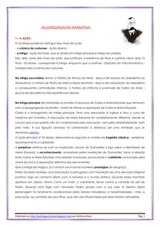 Publicado em http://portugues11ano.blogspot.com por António Alves Pág. 2
AS CATEGORIAS DA NARRATIVA
1 – A AÇÃO
N' Os Maias podemos distinguir dois níveis de ação:
- a crónica de costumes - ação aberta;
- a intriga - ação fechada, que se divide em intriga principal e intriga secundária.
São, aliás, estes dois níveis de ação, que justificam a existência de título e subtítulo nesta obra. O
título - Os Maias - corresponde à intriga, enquanto que o subtítulo - Episódios da Vida Romântica -
corresponde à crónica de costumes.
Na intriga secundária temos: a história de Afonso da Maia - época de reação do Liberalismo ao
Absolutismo; a história de Pedro da Maia e Maria Monforte - época de instauração do Liberalismo
e consequentes contradições internas; a história da infância e juventude de Carlos da Maia -
época de decadência das experiências Liberais.
Na intriga principal são retratados os amores incestuosos de Carlos e Maria Eduarda que terminam
com a desagregação da família - morte de Afonso e separação de Carlos e Maria Eduarda.
Carlos é o protagonista da intriga principal. Teve uma educação à inglesa e tirou o curso de
medicina em Coimbra. A educação de Maria Eduarda foi completamente diferente, donde se
conclui que a sua paixão não foi condicionada pela educação, nem pela hereditariedade, nem
pelo meio. A sua ligação amorosa foi comandada à distância por uma entidade que se
denomina destino.
A ação principal d' Os Maias, desenvolve-se segundo os moldes da tragédia clássica - peripécia,
reconhecimento e catástrofe.
A peripécia verificou-se com as revelações casuais de Guimarães a Ega sobre a identidade de
Maria Eduarda; o reconhecimento, acarretado pelas revelações de Guimarães, torna a relação
entre Carlos e Maria Eduarda uma relação incestuosa, provocando a catástrofe consumada pela
morte do avô e a separação definitiva dos dois amantes.
Que a intriga era trágica, já o vinham anunciando inúmeros presságios de desgraça.
Pedro da Maia recebeu uma educação à portuguesa com imposição de uma devoção religiosa
punitiva, fuga ao contacto direto com a natureza e o mundo prático. Quando Maria Monforte
aparece em Lisboa, atrai-o como um íman; o casamento fez-se contra a vontade do pai de
Pedro. Quando esta foge com Tancredo, Pedro acaba com a sua vida. O destino desta
personagem foi totalmente condicionado pelos fatores naturalistas: a hereditariedade - mãe, e
educação, ao contrário dos seus filhos, que não são influenciados por estes fatores naturalistas.
 