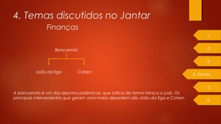 A bancarrota é um dos assuntos polémicos, que critica de forma irónica o país. Os
principais intervenientes que geram uma maior desordem são João da Ega e Cohen.
4. Temas discutidos no Jantar
Finanças
Bancarrota
João da Ega Cohen
1.
2.
4. Temas
3.
5.
6.
 