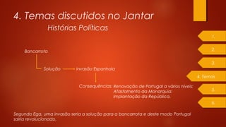 4. Temas discutidos no Jantar
Histórias Políticas
Bancarrota
Solução Invasão Espanhola
Consequências: Renovação de Portugal a vários níveis;
Afastamento da Monarquia;
Implantação da República.
Segundo Ega, uma invasão seria a solução para a bancarrota e deste modo Portugal
sairia revolucionado.
1.
2.
4. Temas
3.
5.
6.
 
