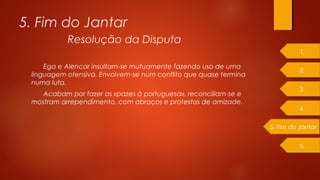 Ega e Alencar insultam-se mutuamente fazendo uso de uma
linguagem ofensiva. Envolvem-se num conflito que quase termina
numa luta.
Acabam por fazer as «pazes à portuguesa», reconciliam-se e
mostram arrependimento, com abraços e protestos de amizade.
5. Fim do Jantar
Resolução da Disputa
1.
2.
3.
5. Fim do Jantar
4.
6.
 