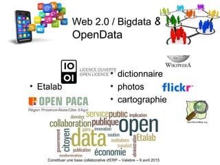 Web 2.0 / Bigdata &
OpenData
• Etalab
• dictionnaire
• photos
• cartographie
Constituer une base collaborative d'ERP – Valabre – 9 avril 2015
 