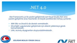 .Net Framework 4.0 ile yazılım geliştirmek için Visual Studio.Net 2010
yazılım geliştirme aracı hazırlandı. En büyük yeniliklerden birkaçı şunlardır.
 IBM DB2 ve Oracle’a de destek vermektedir.
 Silverlight uygulamaları geliştirmek için eklenti yüklemeye gerek
kalmamaktadır.
 UML Activity diyagramları oluşturulabilmektedir.
.NET 4.0
GÖLHİSAR MESLEK YÜKSEK OKULU
 