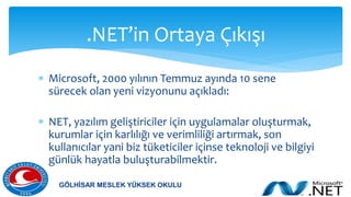  Microsoft, 2000 yılının Temmuz ayında 10 sene
sürecek olan yeni vizyonunu açıkladı:
 NET, yazılım geliştiriciler için uygulamalar oluşturmak,
kurumlar için karlılığı ve verimliliği artırmak, son
kullanıcılar yani biz tüketiciler içinse teknoloji ve bilgiyi
günlük hayatla buluşturabilmektir.
.NET’in Ortaya Çıkışı
GÖLHİSAR MESLEK YÜKSEK OKULU
 