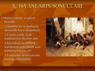 İÇ İSYANLARIN SONUÇLARIİÇ İSYANLARIN SONUÇLARI
1.Merkezi otorite ve güven1.Merkezi otorite ve güven
bozuldu.bozuldu.
2.Anadolu’da ve merkezde2.Anadolu’da ve merkezde
ekonomik hayat durgunlaştı.ekonomik hayat durgunlaştı.
3.Üretim azaldı. Gıda3.Üretim azaldı. Gıda
maddelerinin fiyatları arttı.maddelerinin fiyatları arttı.
4.Köylülerin bir bölümü4.Köylülerin bir bölümü
topraklarını terk ederek kenttopraklarını terk ederek kent
merkezlerine göç etti.merkezlerine göç etti.
5.Yeniçeriler devlet işlerine5.Yeniçeriler devlet işlerine
karışmaya başladılar.karışmaya başladılar.
 