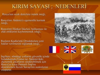 KIRIMSAVAŞI;NEDENLERİKIRIMSAVAŞI;NEDENLERİ
Rusya'nınsıcakdenizlereinmekisteği,Rusya'nınsıcakdenizlereinmekisteği,
Rusya'nınAkdeniz'eegemenlikkurmakRusya'nınAkdeniz'eegemenlikkurmak
isteği,isteği,
Rusya'nınHünkarİskelesiAntlasmasıileRusya'nınHünkarİskelesiAntlasmasıile
eldeettiklerinikaybetmemekisteği,eldeettiklerinikaybetmemekisteği,
RuslarınKudüs'tekiOrtodokslarayeniRuslarınKudüs'tekiOrtodokslarayeni
haklarverilmesinisağlamakisteği,haklarverilmesinisağlamakisteği,
İngiltere,sömürgeyollarınıgüvenlikiçindeİngiltere,sömürgeyollarınıgüvenlikiçinde
bulundurmak,FransaiseAkdeniz'dekibulundurmak,FransaiseAkdeniz'deki
ekonomikçıkarlarınısürdürebilmekiçinekonomikçıkarlarınısürdürebilmekiçin
Rusya'yakarşıOsmanlıİmp'nuRusya'yakarşıOsmanlıİmp'nu
desteklemesiKırımSavaşı'nınnedenlerinidesteklemesiKırımSavaşı'nınnedenlerini
oluşturur.oluşturur.
+ +
 