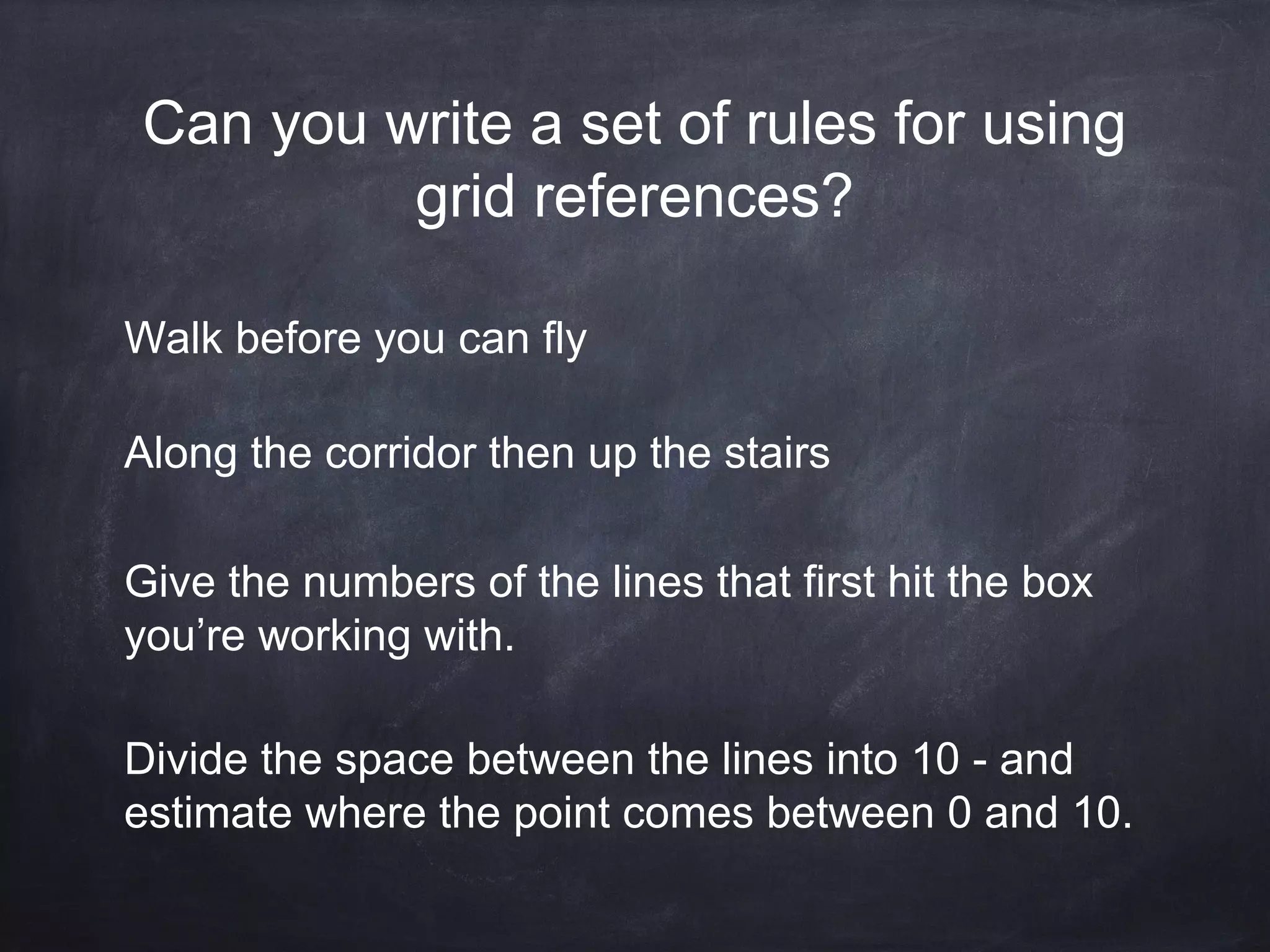 Can you write a set of rules for using
grid references?
Walk before you can fly
Along the corridor then up the stairs
Give the numbers of the lines that first hit the box
you’re working with.
Divide the space between the lines into 10 - and
estimate where the point comes between 0 and 10.

 