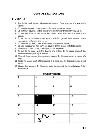 COMPASS DIRECTIONS
STUDENT A
1. Start in the black square. Go north one square. Draw a picture of a sun in this
square.
2. Go east two squares. Draw a picture of a picnic site in this square.
3. Go south two squares. In this square write the name of the country you live in.
4. Go west two squares, then south one square. Write your teacher’s name in this
square.
5. Go back to the north-west corner square, and then go east three squares. In this
square, draw a church with a tower.
6. Go south two squares. Draw a picture of a bridge in this square.
7. Go west two squares, then north one square. In this square write today’s date.
8. In the square north of this, draw a picture of a telephone.
9. Go back to the square with the drawing of a bridge. In the square south of this,
write down the capital city of Scotland.
10. Go west three squares, then north one square. In this square draw a picture of a
forest.
11. Go to the square south of the drawing of a picnic site. In this square draw a light
house.
12. Go east two squares. In this square write the name of the ocean between Britain
and America.
STUDENT B GRID
1 2 3 4
5 6 7 8
9 10 11 12
13 14 15 16
17 18 19 20
11
 