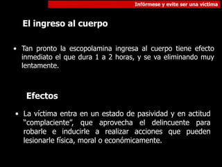 Infórmese y evite ser una víctima
Efectos
• La víctima entra en un estado de pasividad y en actitud
“complaciente”, que aprovecha el delincuente para
robarle e inducirle a realizar acciones que pueden
lesionarle física, moral o económicamente.
El ingreso al cuerpo
• Tan pronto la escopolamina ingresa al cuerpo tiene efecto
inmediato el que dura 1 a 2 horas, y se va eliminando muy
lentamente.
 