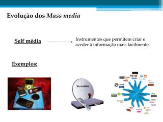 Evolução dos Mass media


  Self média         Instrumentos que permitem criar e
                     aceder à informação mais facilmente



 Exemplos:
 