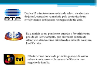Dedica 13 minutos como noticia de relevo na abertura
do jornal, ocupados na maioria pelo comunicado no
envolvimento de Sócrates no negocio do tio dele.




 Dá a noticia como pondo em questão o favoritismo no
 pedido de licenciamento, que entrou na câmara de
 Alcochete, dando como ministro do ambiente na altura,
 José Sócrates.



  Não faz como noticia de primeiro plano e dá como
  relevo à noticia o envolvimento de Sócrates num
  negocio de família.
 