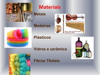 Materiais
Metais
Madeiras
Plásticos
Vidros e cerâmica
Fibras Têxteis
 