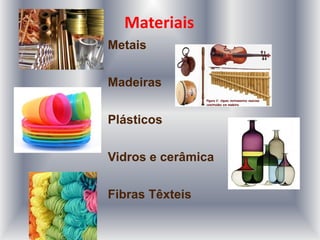 Materiais
Metais
Madeiras
Plásticos
Vidros e cerâmica
Fibras Têxteis
 