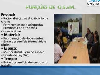 Pessoal:
– Racionalização na distribuição de
tarefas
– Ferramentas mais adequadas
– Eliminação de atividades
desnecessárias
• Material:
– Padronização de documentos
– Evitar desperdício (formulário e
cópias)
• Espaço:
– Melhor distribuição do espaço;
– Estudo do Lay Out;
• Tempo:
– Evitar desperdício de tempo e re-
trabalho
 