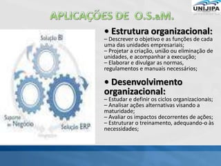 • Estrutura organizacional:
– Descrever o objetivo e as funções de cada
uma das unidades empresariais;
– Projetar a criação, união ou eliminação de
unidades, e acompanhar a execução;
– Elaborar e divulgar as normas,
regulamentos e manuais necessários;
• Desenvolvimento
organizacional:
– Estudar e definir os ciclos organizacionais;
– Analisar ações alternativas visando a
maturidade;
– Avaliar os impactos decorrentes de ações;
– Estruturar o treinamento, adequando-o às
necessidades;
 