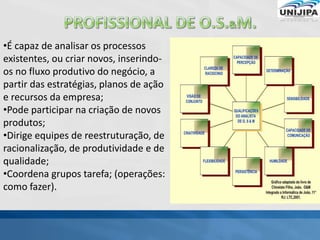 •É capaz de analisar os processos
existentes, ou criar novos, inserindo-
os no fluxo produtivo do negócio, a
partir das estratégias, planos de ação
e recursos da empresa;
•Pode participar na criação de novos
produtos;
•Dirige equipes de reestruturação, de
racionalização, de produtividade e de
qualidade;
•Coordena grupos tarefa; (operações:
como fazer).
 