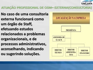 No caso de uma consultoria
externa funcionará como
um órgão de Staff,
efetuando estudos
relacionados a problemas
organizacionais, e de
processos administrativos,
aconselhando, indicando
ou sugerindo soluções.
 