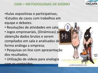 •Aulas expositivas e participativas;
•Estudos de casos com trabalhos em
equipe e debates.
• Resoluções de atividades em sala;
• Jogos empresariais, (Dinâmicas) para
obtenção dados brutos e serem
compilados em sala e analisados de
forma análoga a empresa;
• Pesquisas on line com apresentação
dos resultados;
• Utilização de vídeos para analogia
com os conteúdos.
 