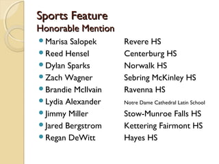 Sports Feature
Honorable Mention
Marisa Salopek     Revere HS
Reed Hensel        Centerburg HS
Dylan Sparks       Norwalk HS
Zach Wagner        Sebring McKinley HS
Brandie McIlvain   Ravenna HS
Lydia Alexander    Notre Dame Cathedral Latin School
Jimmy Miller       Stow-Munroe Falls HS
Jared Bergstrom    Kettering Fairmont HS
Regan DeWitt       Hayes HS
 