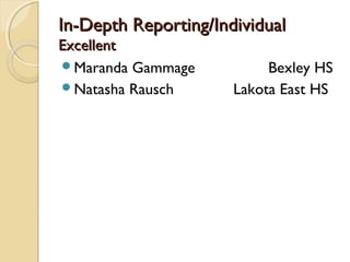 In-Depth Reporting/Individual
Excellent
Maranda Gammage           Bexley HS
Natasha Rausch       Lakota East HS
 