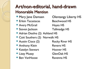 Art/non-editorial, hand-drawn
Honorable Mention
 Mary     Jane Damsen     Olentangy Liberty HS
 Erlein Tacastacas         Beachwood HS
 Avery McGrail             Hayes HS
 Steven Jackson            Tallmadge HS
 Adrian Desilva (2) Ashland HS
 Caiti Southers (2) Norwalk HS
 Austin Cioce (2)          Rocky River HS
 Anthony Klein             Revere HS
 Katelyn Stewart           Hoover HS
 Lizzy Muzzy               GlenOak HS
 Ben VanHoose              Ravenna HS
 