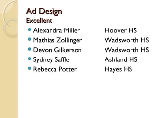Ad Design
Excellent
Alexandra Miller    Hoover HS
Mathias Zollinger   Wadsworth HS
Devon Gilkerson     Wadsworth HS
Sydney Saffle       Ashland HS
Rebecca Potter      Hayes HS
 