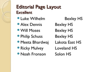 Editorial Page Layout
Excellent
Luke Wilhelm          Bexley HS
Alex Dennis      Bexley HS
Will Moses       Bexley HS
Philip Schuss    Bexley HS
Meeta Bhardwaj   Lakota East HS
Ricky Mulvey     Loveland HS
Noah Fronson     Solon HS
 