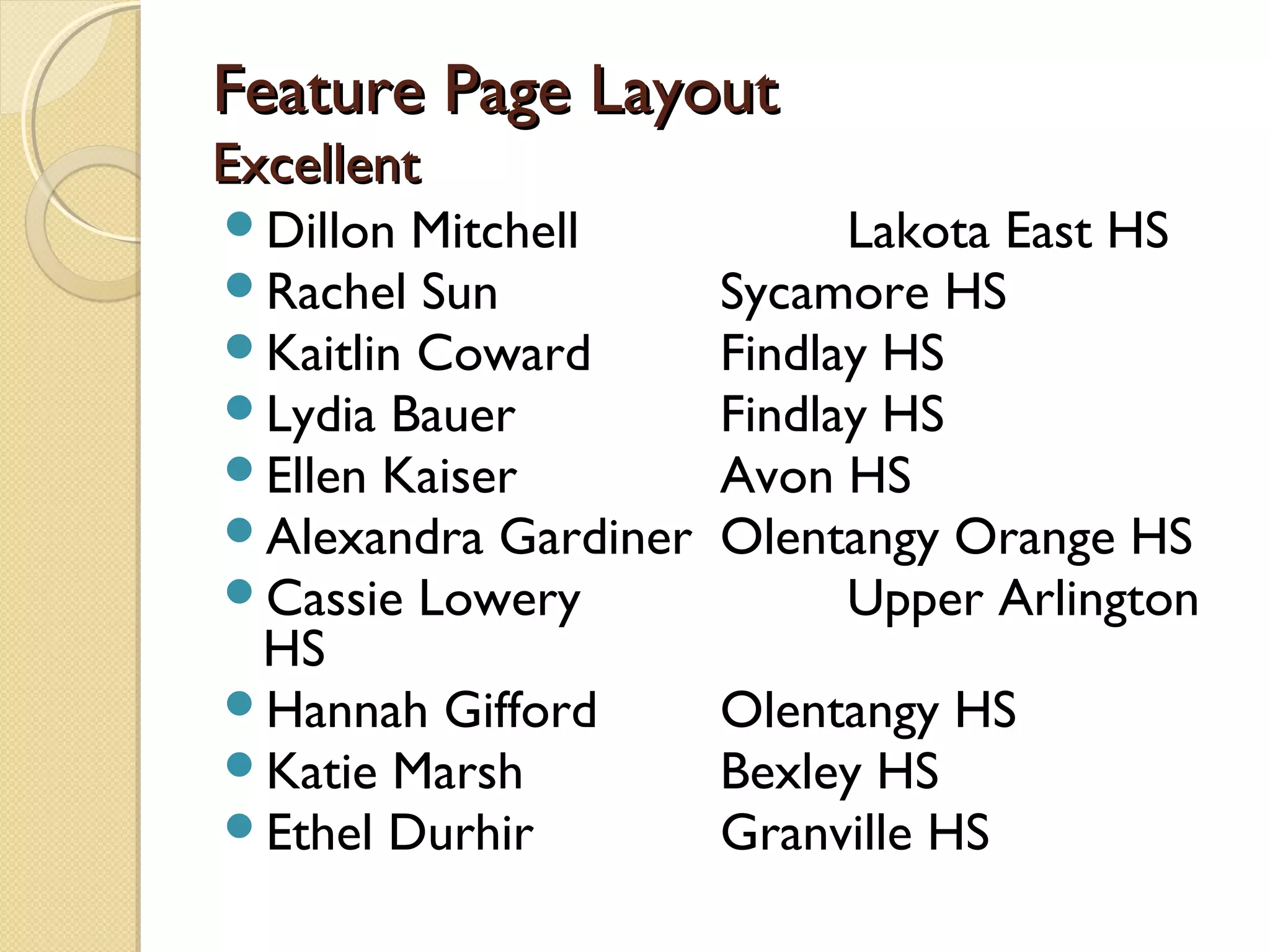 Feature Page Layout
Excellent
Dillon Mitchell            Lakota East HS
Rachel Sun           Sycamore HS
Kaitlin Coward       Findlay HS
Lydia Bauer          Findlay HS
Ellen Kaiser         Avon HS
Alexandra Gardiner   Olentangy Orange HS
Cassie Lowery              Upper Arlington
 HS
Hannah Gifford       Olentangy HS
Katie Marsh          Bexley HS
Ethel Durhir         Granville HS
 