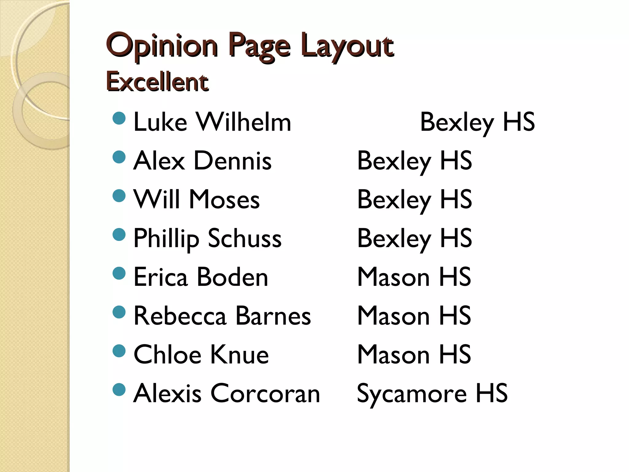 Opinion Page Layout
Excellent
Luke Wilhelm           Bexley HS
Alex Dennis       Bexley HS
Will Moses        Bexley HS
Phillip Schuss    Bexley HS
Erica Boden       Mason HS
Rebecca Barnes    Mason HS
Chloe Knue        Mason HS
Alexis Corcoran   Sycamore HS
 