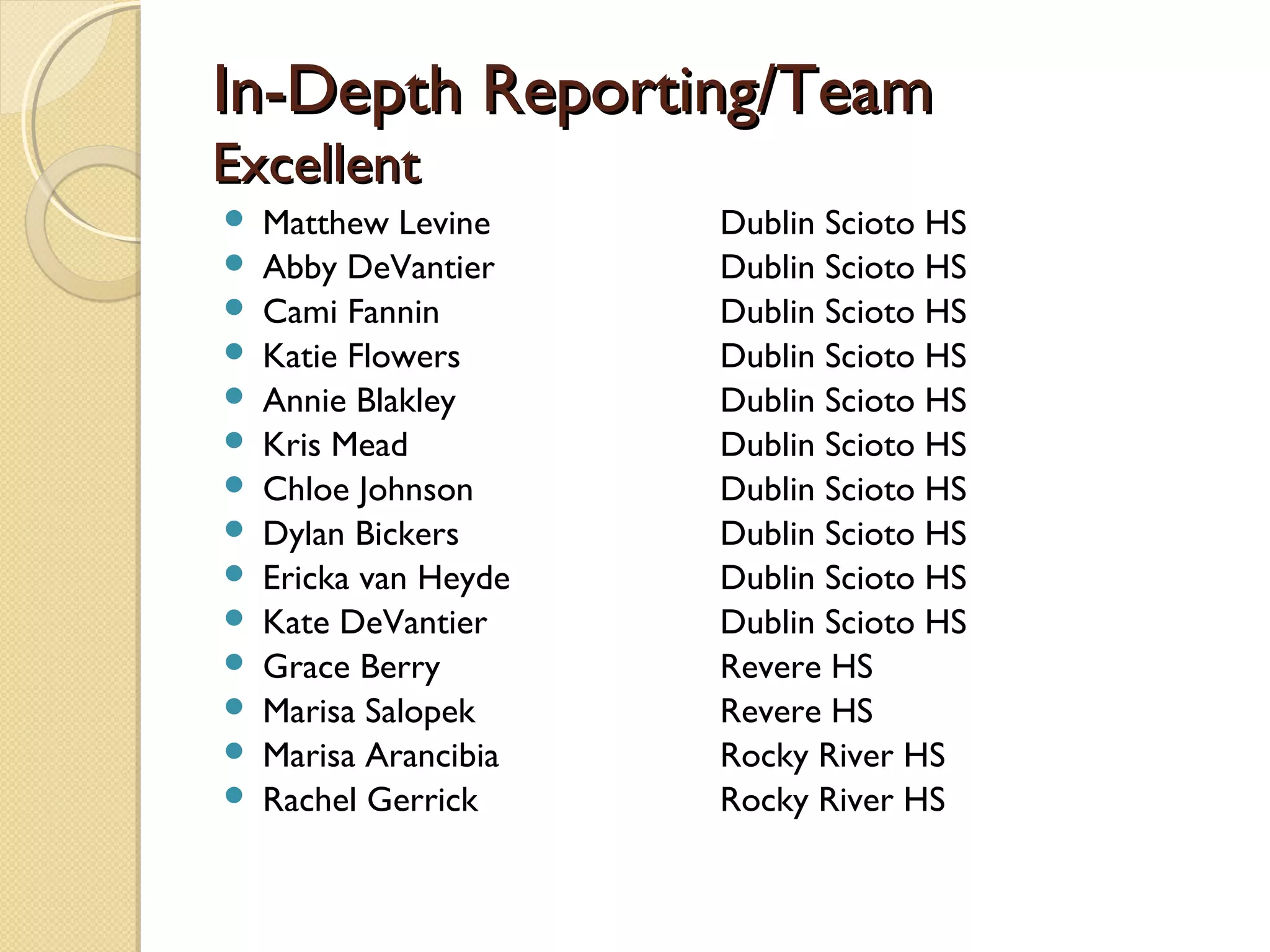 In-Depth Reporting/Team
Excellent
   Matthew Levine     Dublin Scioto HS
   Abby DeVantier     Dublin Scioto HS
   Cami Fannin        Dublin Scioto HS
   Katie Flowers      Dublin Scioto HS
   Annie Blakley      Dublin Scioto HS
   Kris Mead          Dublin Scioto HS
   Chloe Johnson      Dublin Scioto HS
   Dylan Bickers      Dublin Scioto HS
   Ericka van Heyde   Dublin Scioto HS
   Kate DeVantier     Dublin Scioto HS
   Grace Berry        Revere HS
   Marisa Salopek     Revere HS
   Marisa Arancibia   Rocky River HS
   Rachel Gerrick     Rocky River HS
 