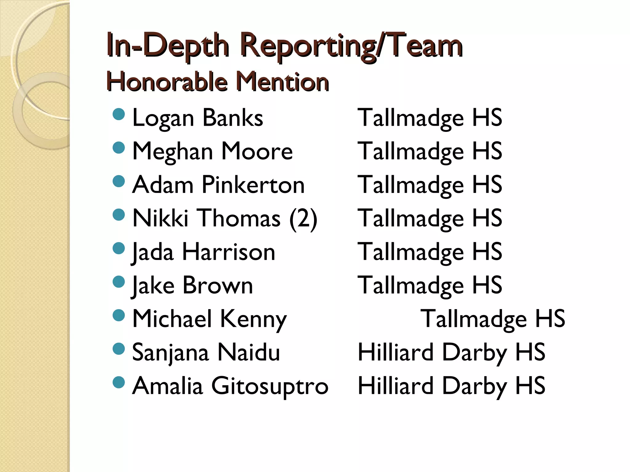 In-Depth Reporting/Team
Honorable Mention
Logan Banks         Tallmadge HS
Meghan Moore        Tallmadge HS
Adam Pinkerton      Tallmadge HS
Nikki Thomas (2)    Tallmadge HS
Jada Harrison       Tallmadge HS
Jake Brown          Tallmadge HS
Michael Kenny              Tallmadge HS
Sanjana Naidu       Hilliard Darby HS
Amalia Gitosuptro   Hilliard Darby HS
 