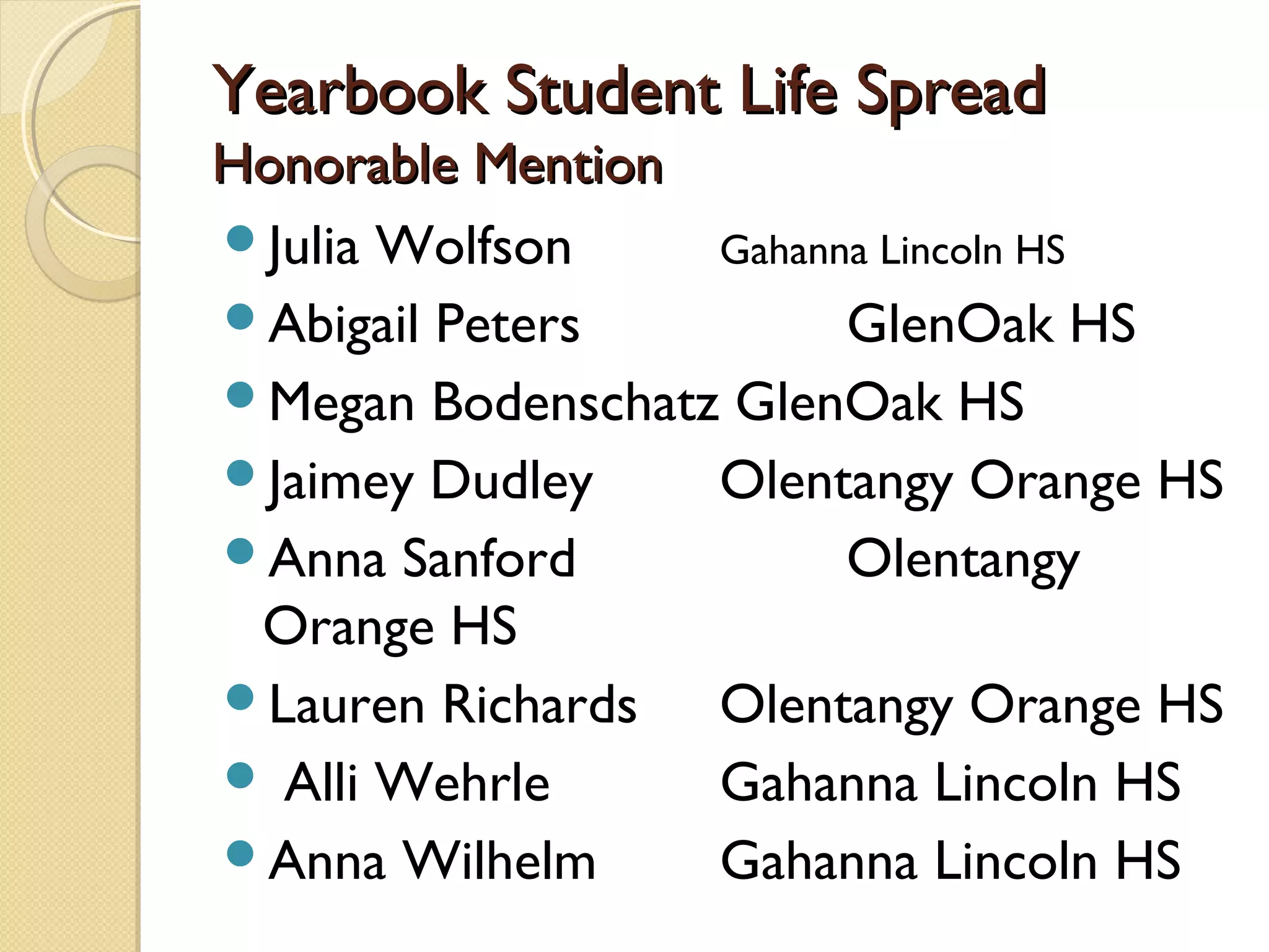 Yearbook Student Life Spread
Honorable Mention
Julia Wolfson    Gahanna Lincoln HS
Abigail Peters         GlenOak HS
Megan Bodenschatz GlenOak HS
Jaimey Dudley    Olentangy Orange HS
Anna Sanford           Olentangy
 Orange HS
Lauren Richards  Olentangy Orange HS
 Alli Wehrle     Gahanna Lincoln HS
Anna Wilhelm     Gahanna Lincoln HS
 