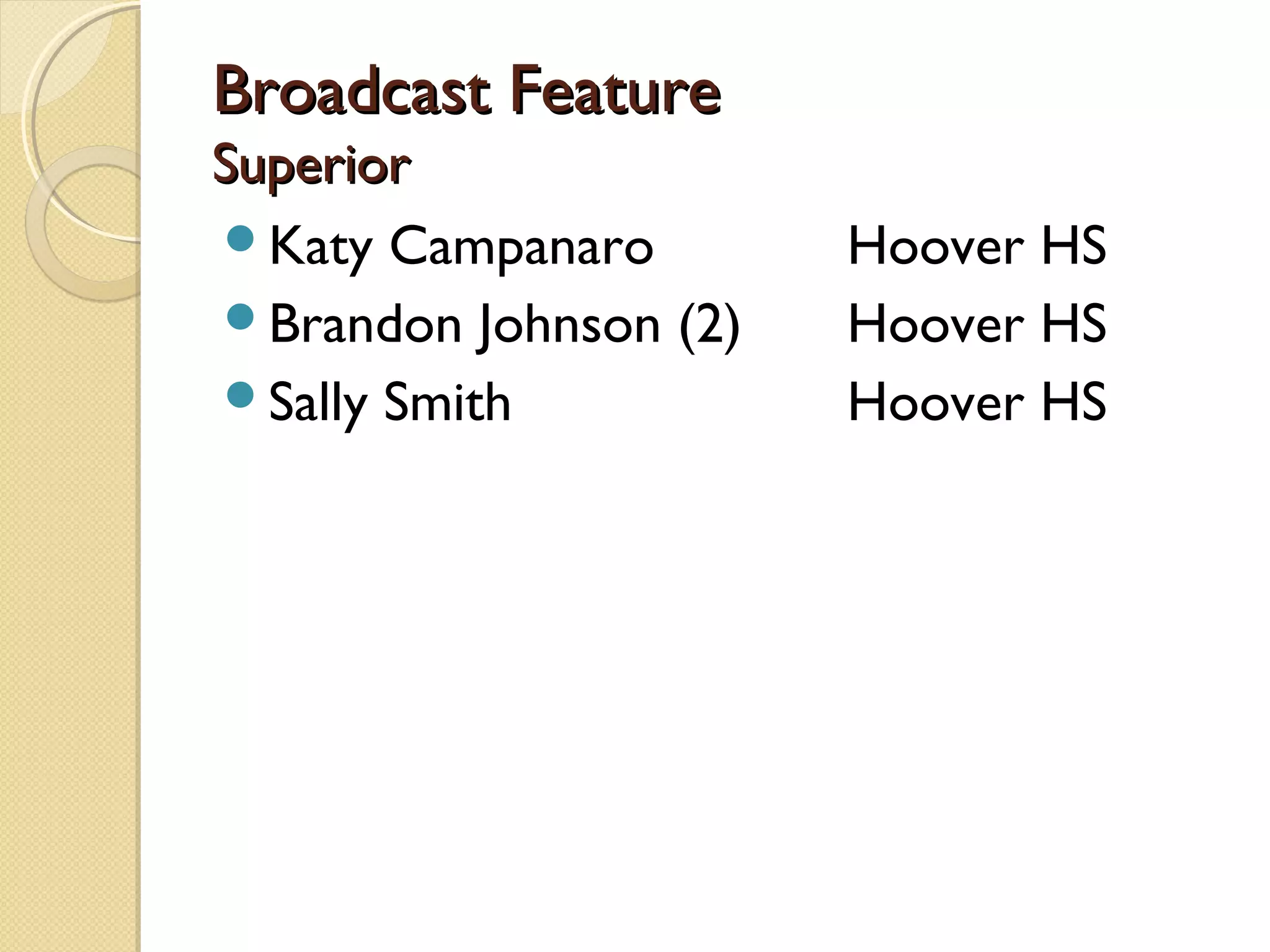 Broadcast Feature
Superior
Katy Campanaro        Hoover HS
Brandon Johnson (2)   Hoover HS
Sally Smith           Hoover HS
 