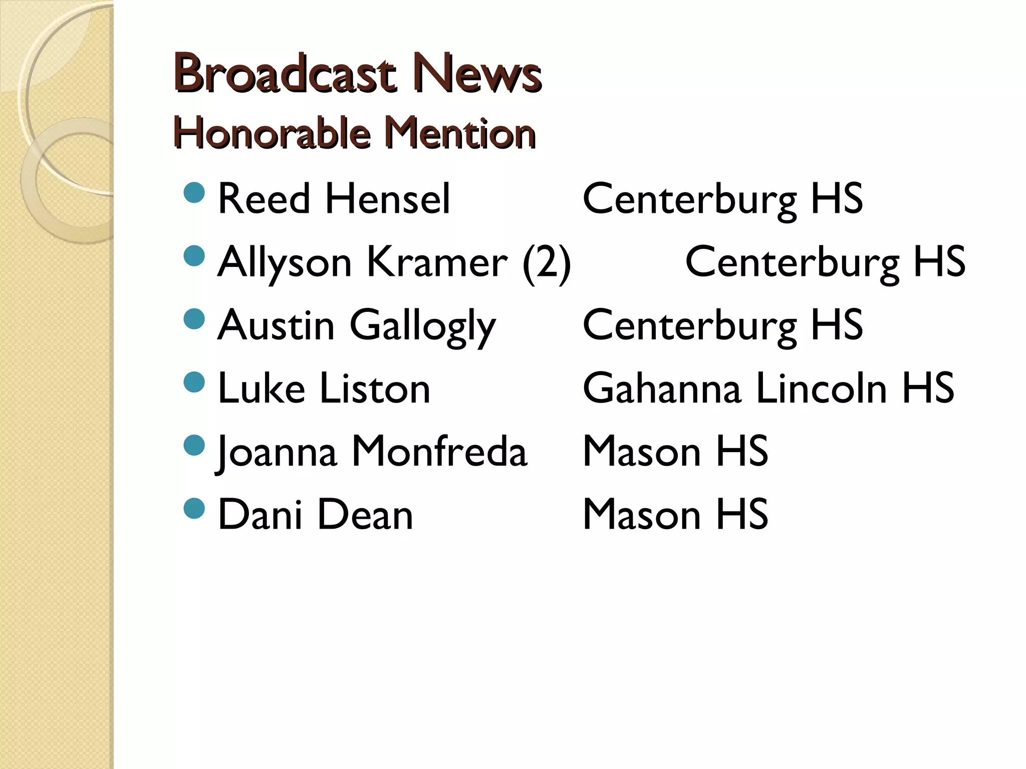 Broadcast News
Honorable Mention
Reed Hensel        Centerburg HS
Allyson Kramer (2)     Centerburg HS
Austin Gallogly    Centerburg HS
Luke Liston        Gahanna Lincoln HS
Joanna Monfreda Mason HS
Dani Dean          Mason HS
 