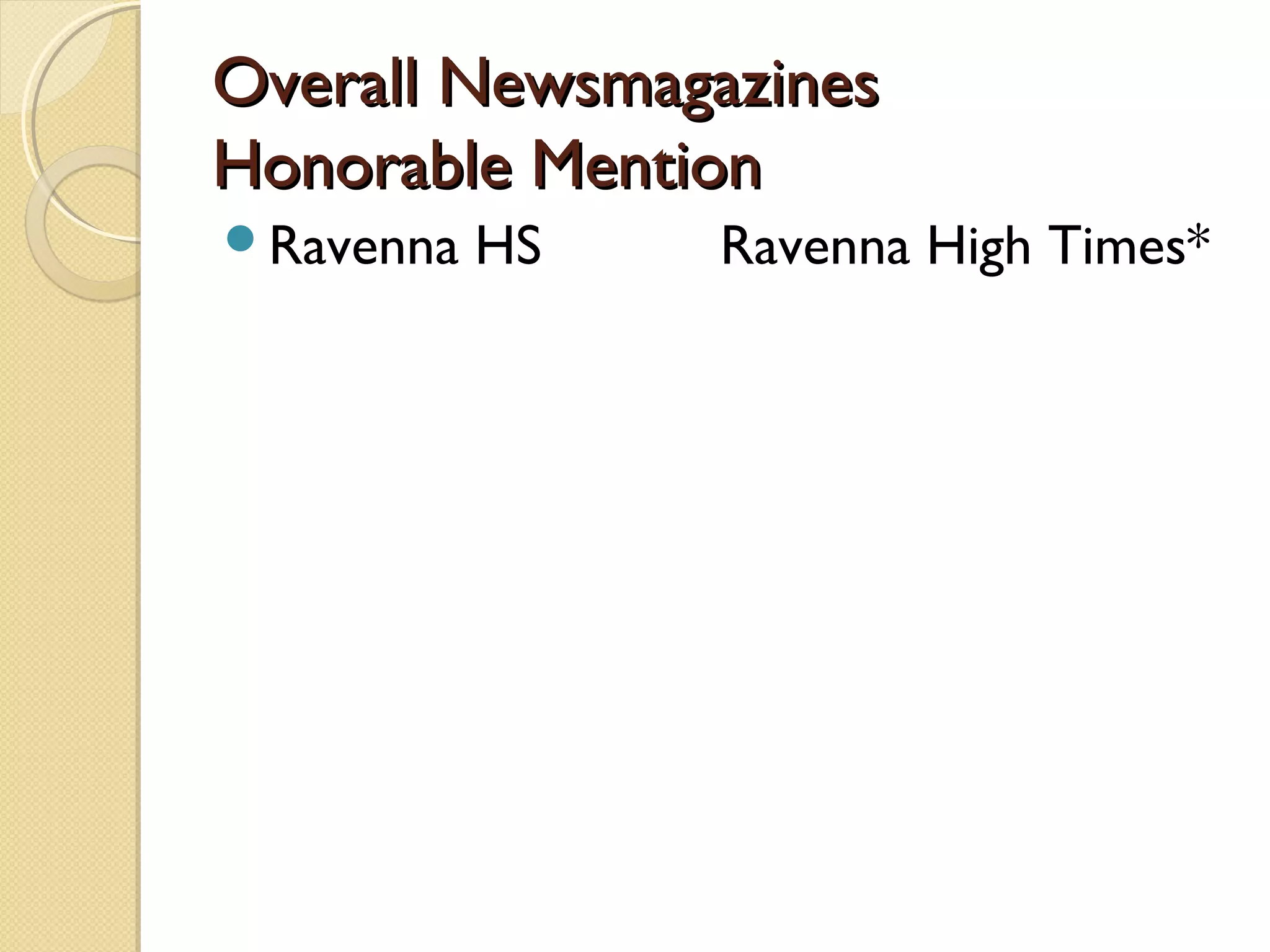 Overall Newsmagazines
Honorable Mention
Ravenna   HS   Ravenna High Times*
 
