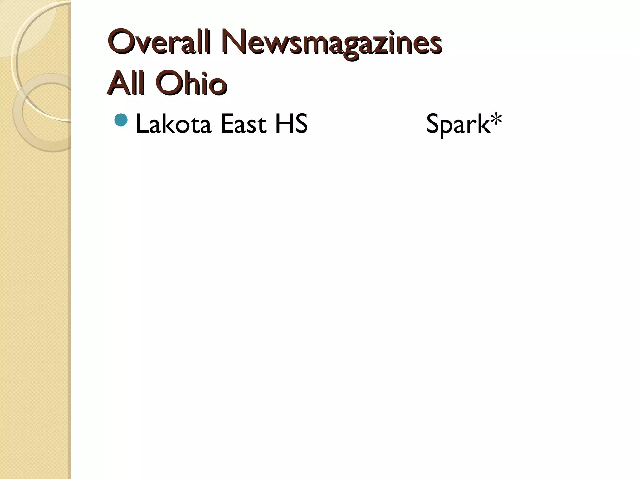 Overall Newsmagazines
All Ohio
Lakota   East HS   Spark*
 