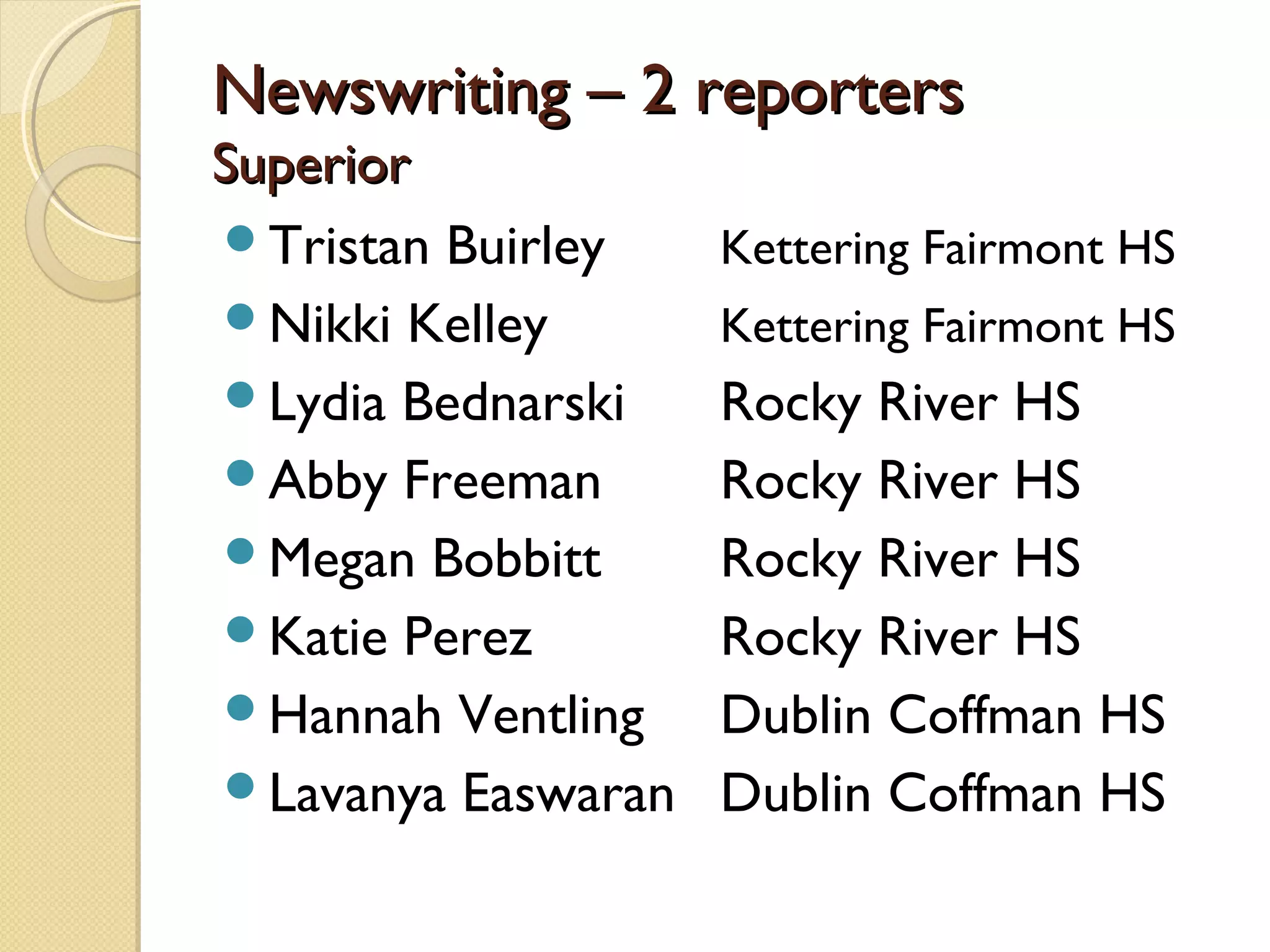 Newswriting – 2 reporters
Superior
Tristan Buirley    Kettering Fairmont HS
Nikki Kelley       Kettering Fairmont HS
Lydia Bednarski    Rocky River HS
Abby Freeman       Rocky River HS
Megan Bobbitt      Rocky River HS
Katie Perez        Rocky River HS
Hannah Ventling    Dublin Coffman HS
Lavanya Easwaran   Dublin Coffman HS
 