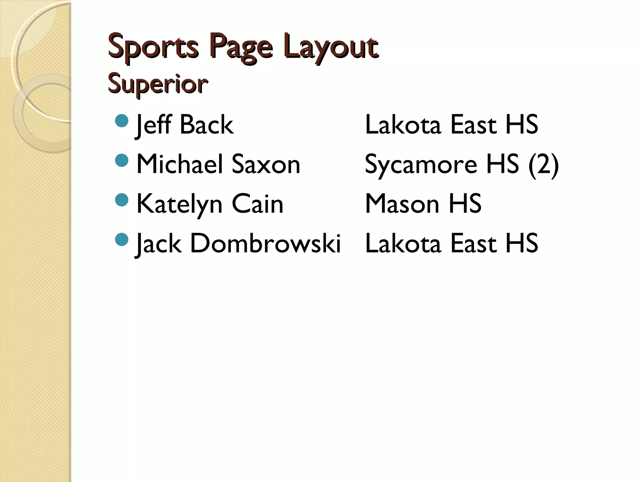 Sports Page Layout
Superior
Jeff Back         Lakota East HS
Michael Saxon     Sycamore HS (2)
Katelyn Cain      Mason HS
Jack Dombrowski   Lakota East HS
 