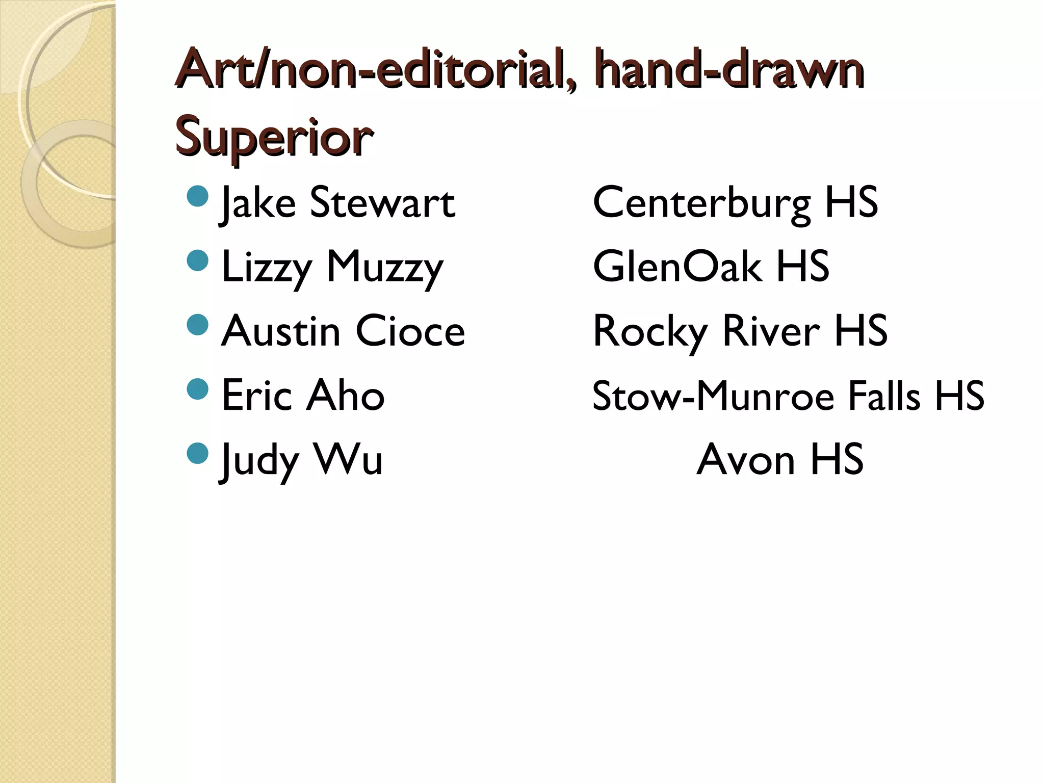 Art/non-editorial, hand-drawn
Superior
Jake Stewart    Centerburg HS
Lizzy Muzzy     GlenOak HS
Austin Cioce    Rocky River HS
Eric Aho        Stow-Munroe Falls HS
Judy Wu              Avon HS
 