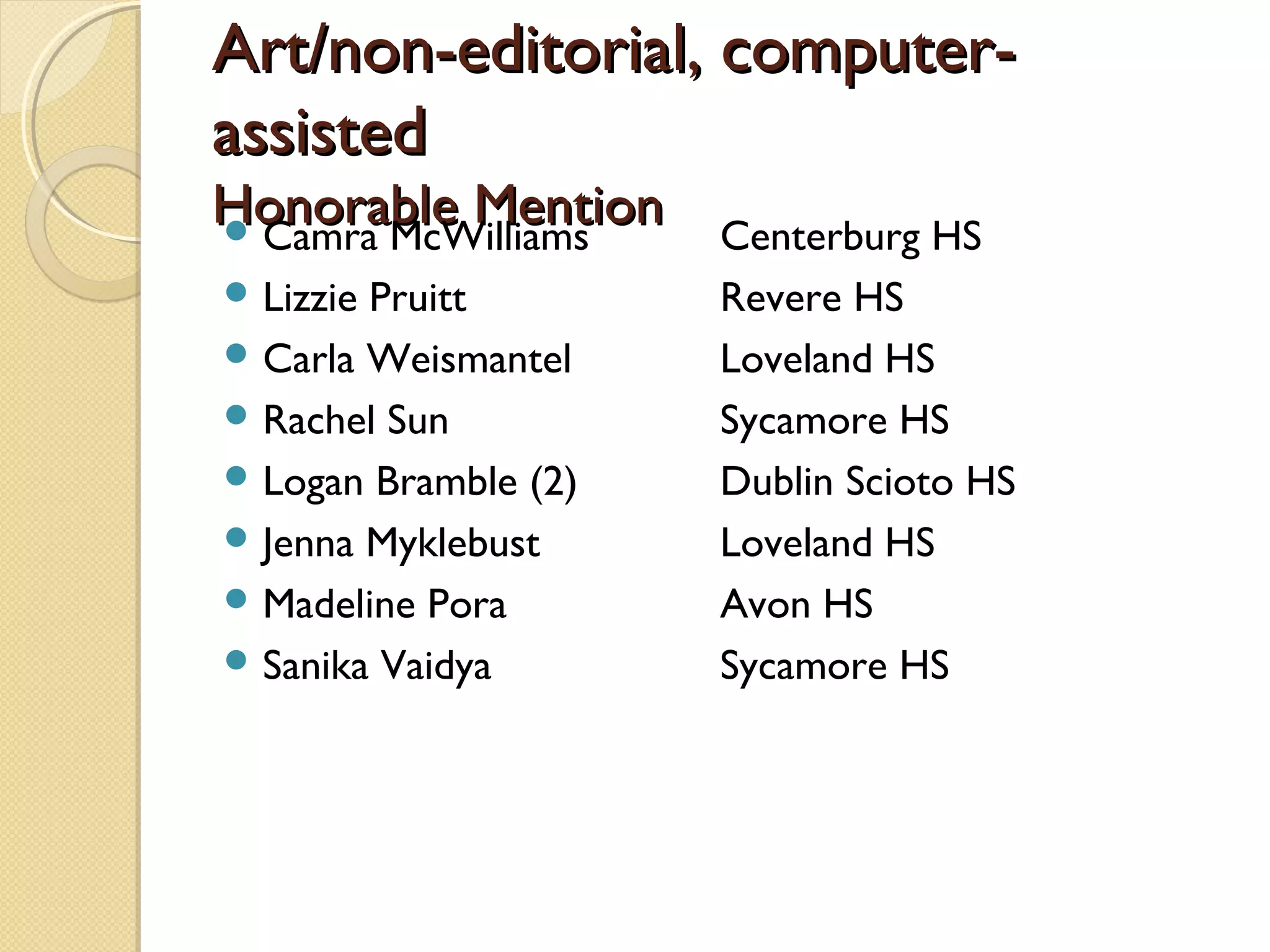 Art/non-editorial, computer-
assisted
Honorable Mention
 Camra McWilliams    Centerburg HS
 LizziePruitt        Revere HS
 Carla Weismantel    Loveland HS
 Rachel Sun          Sycamore HS
 Logan Bramble (2)   Dublin Scioto HS
 Jenna Myklebust     Loveland HS
 Madeline Pora       Avon HS
 Sanika Vaidya       Sycamore HS
 