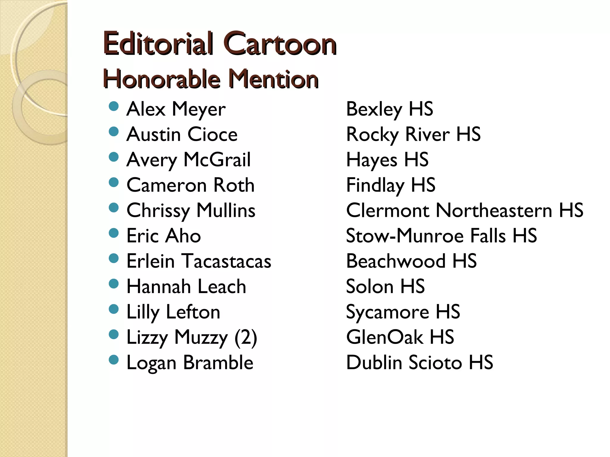 Editorial Cartoon
Honorable Mention
 Alex Meyer          Bexley HS
 Austin Cioce        Rocky River HS
 Avery McGrail       Hayes HS
 Cameron Roth        Findlay HS
 Chrissy Mullins     Clermont Northeastern HS
 Eric Aho            Stow-Munroe Falls HS
 Erlein Tacastacas   Beachwood HS
 Hannah Leach        Solon HS
 Lilly Lefton        Sycamore HS
 Lizzy Muzzy (2)     GlenOak HS
 Logan Bramble       Dublin Scioto HS
 