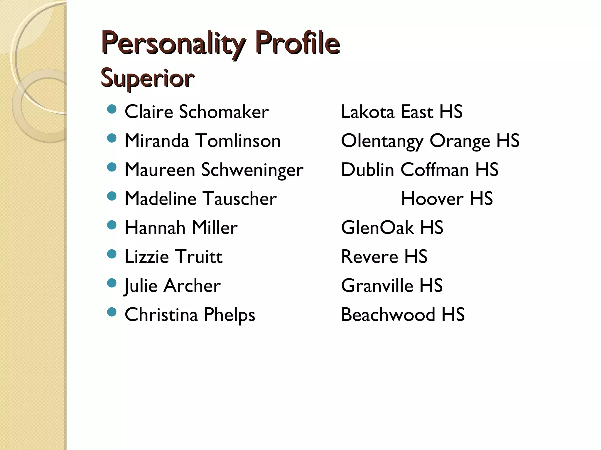 Personality Profile
Superior
 Claire Schomaker      Lakota East HS
 Miranda Tomlinson     Olentangy Orange HS
 Maureen Schweninger   Dublin Coffman HS
 Madeline Tauscher            Hoover HS
 Hannah Miller         GlenOak HS
 Lizzie Truitt         Revere HS
 Julie Archer          Granville HS
 Christina Phelps      Beachwood HS
 