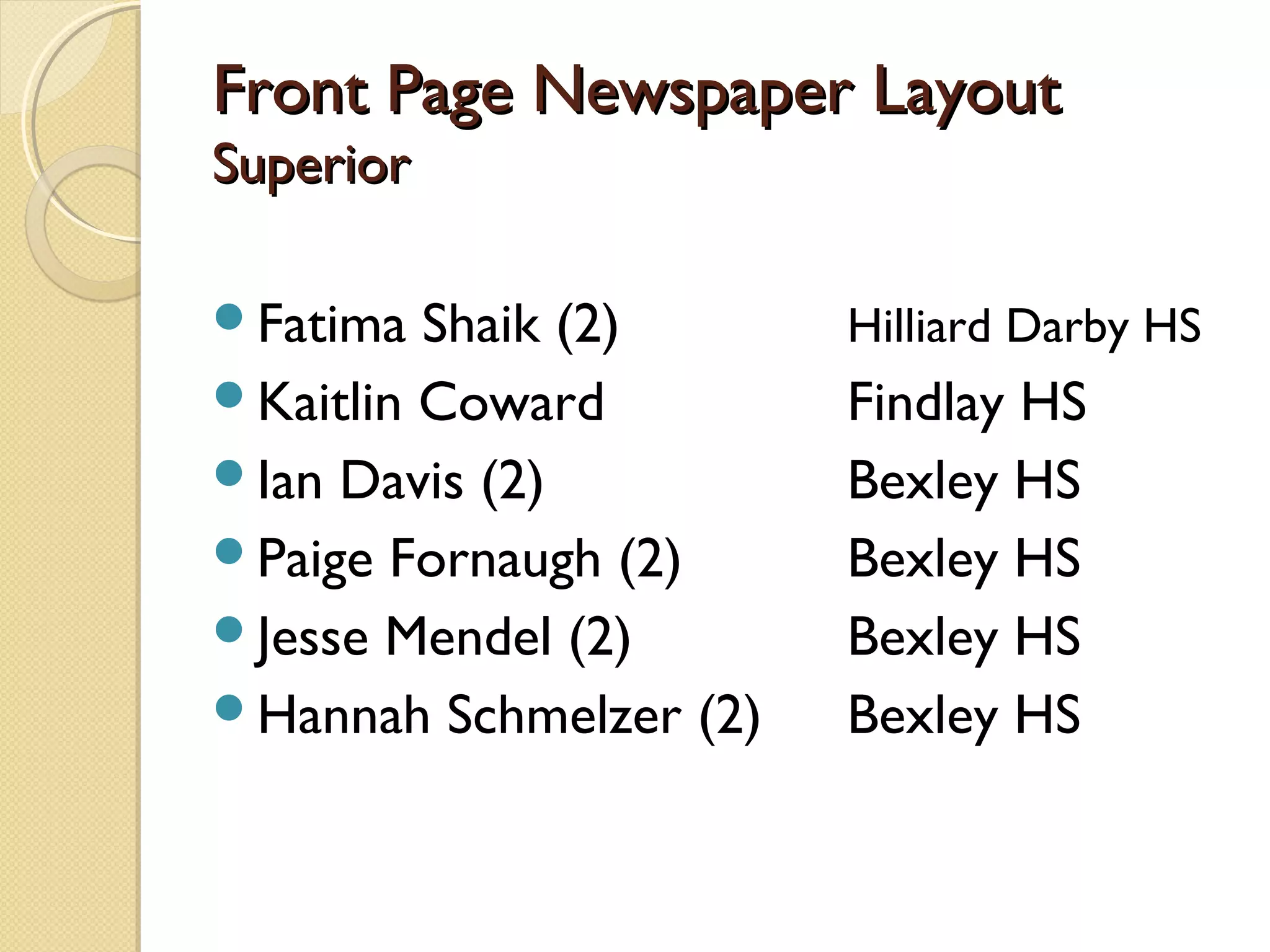 Front Page Newspaper Layout
Superior

Fatima  Shaik (2)      Hilliard Darby HS
Kaitlin Coward         Findlay HS
Ian Davis (2)          Bexley HS
Paige Fornaugh (2)     Bexley HS
Jesse Mendel (2)       Bexley HS
Hannah Schmelzer (2)   Bexley HS
 