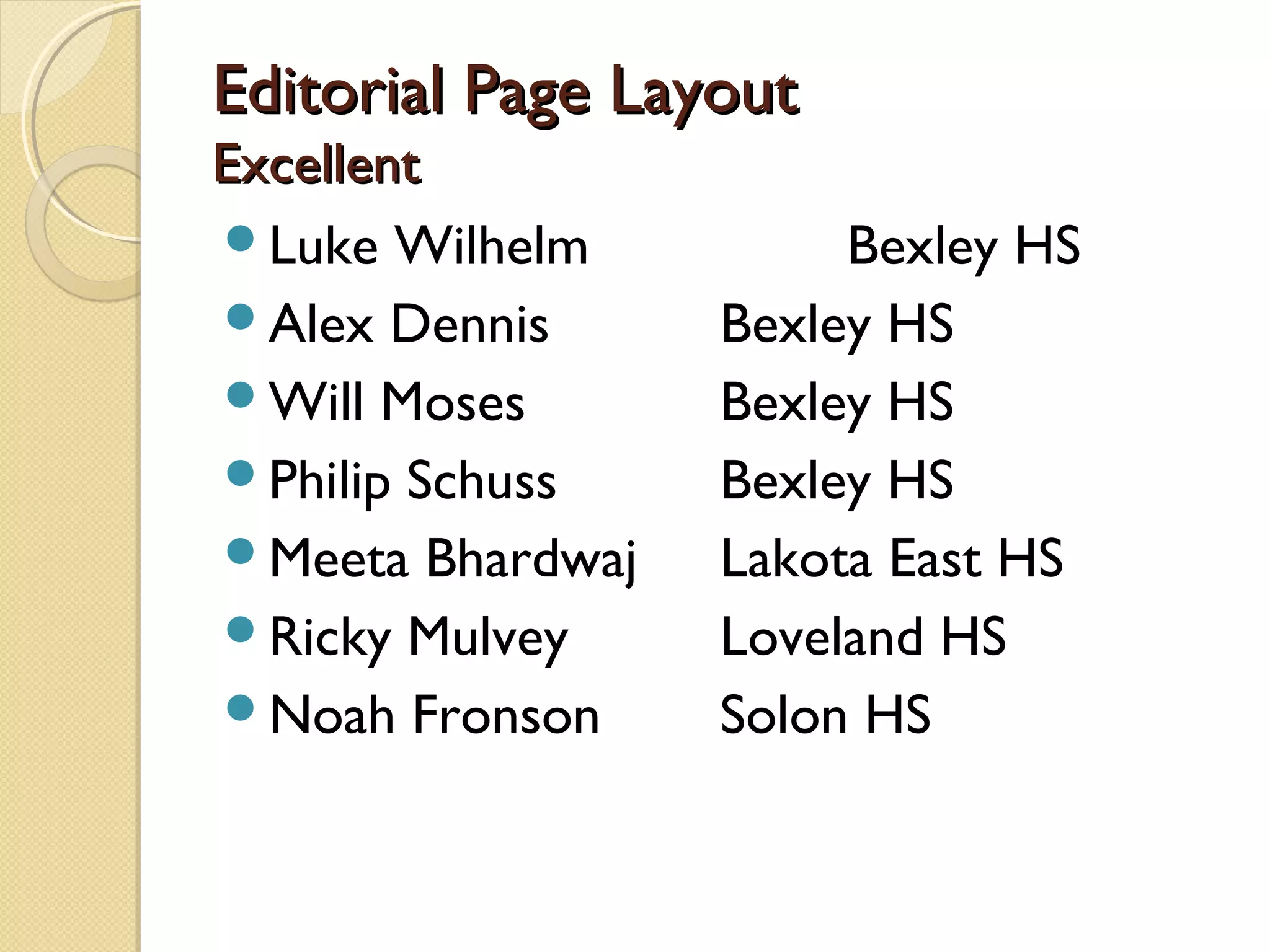 Editorial Page Layout
Excellent
Luke Wilhelm          Bexley HS
Alex Dennis      Bexley HS
Will Moses       Bexley HS
Philip Schuss    Bexley HS
Meeta Bhardwaj   Lakota East HS
Ricky Mulvey     Loveland HS
Noah Fronson     Solon HS
 