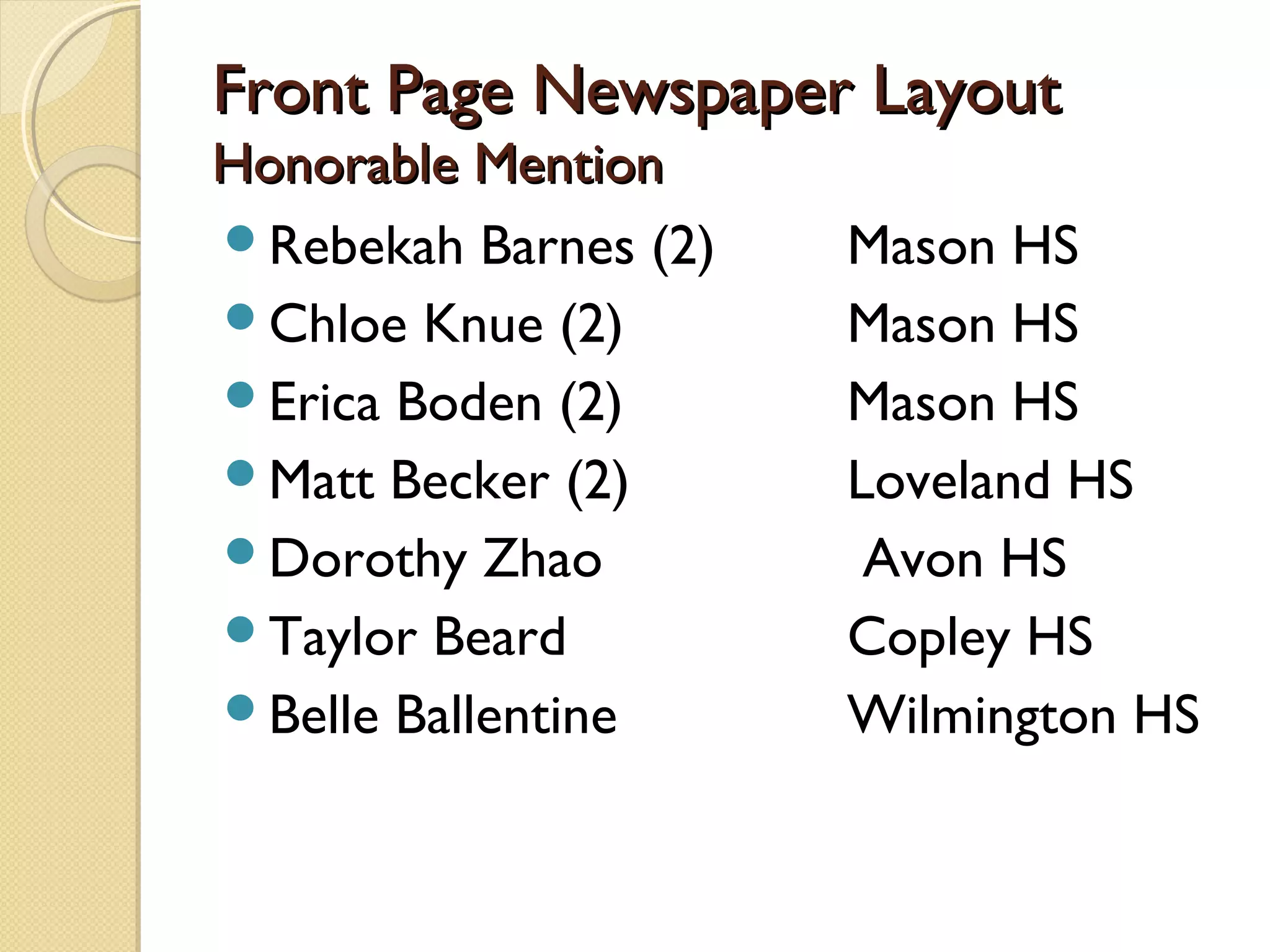Front Page Newspaper Layout
Honorable Mention
Rebekah Barnes (2)   Mason HS
Chloe Knue (2)       Mason HS
Erica Boden (2)      Mason HS
Matt Becker (2)      Loveland HS
Dorothy Zhao          Avon HS
Taylor Beard         Copley HS
Belle Ballentine     Wilmington HS
 